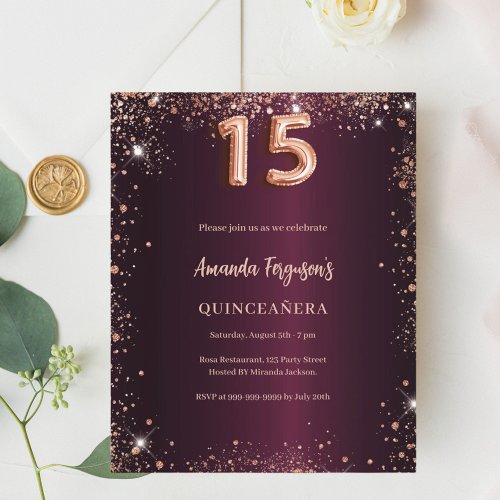 Quinceanera burgundy rose gold glitter invitation