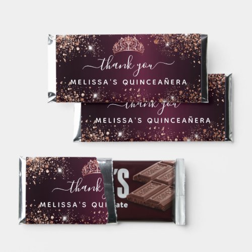 Quinceanera burgundy rose gold glitter tiara name hershey bar favors