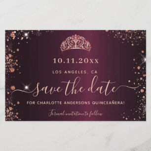 Quinceanera burgundy rose gold save date card