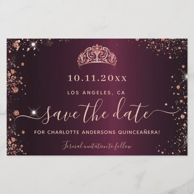 Quinceanera burgundy rose gold save date card (Front)