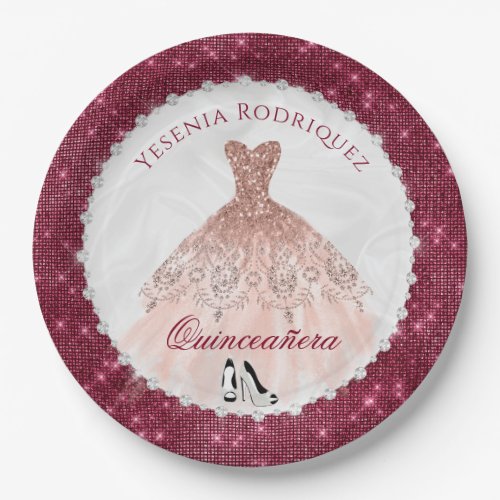 Quinceaera Burgundy Rose Gold Sparkle Glam Paper Plates