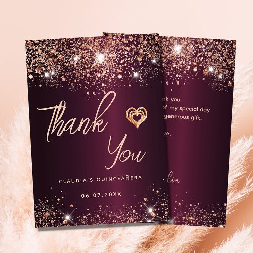 Quinceanera burgundy rose gold thank you card