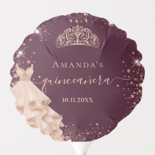Quinceanera burgundy rose gold tiara dress name balloon
