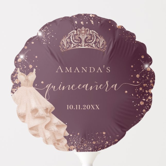 Quinceanera burgundy rose gold tiara dress name balloon (Front)