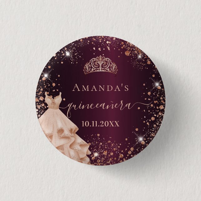 Quinceanera burgundy rose gold tiara dress name button (Front)