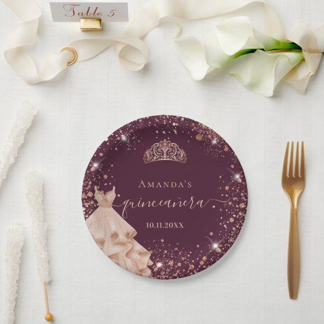 Quinceanera burgundy rose gold tiara dress name paper plates (Wedding)