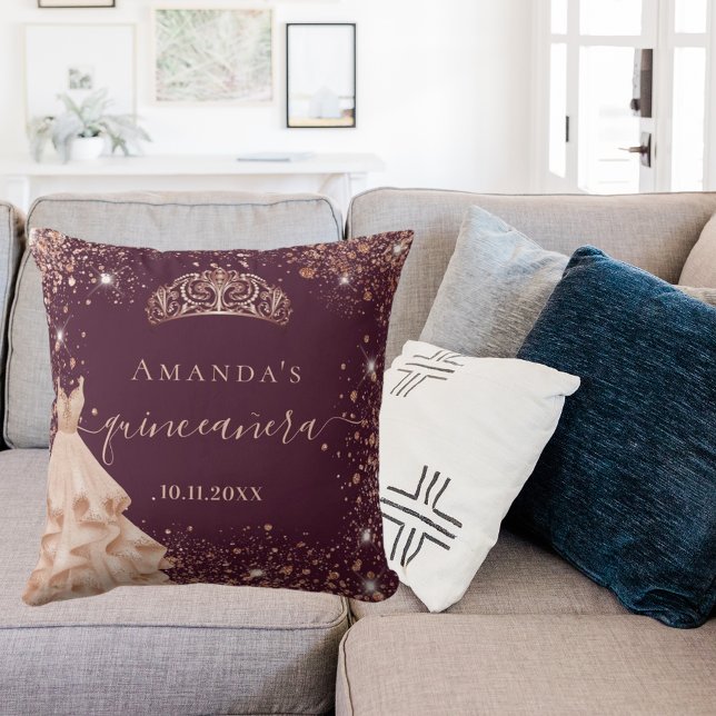Quinceanera burgundy rose gold tiara dress name throw pillow (Creator Uploaded)