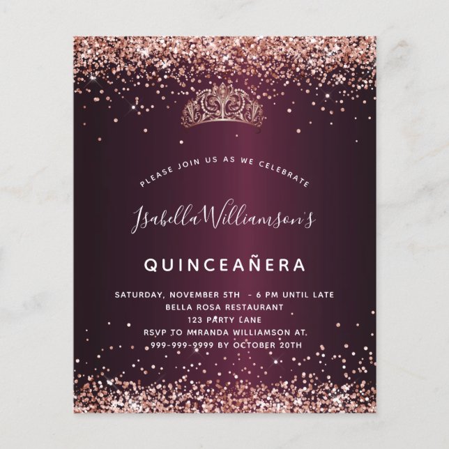 Quinceanera burgundy rose gold tiara invitation (Front)