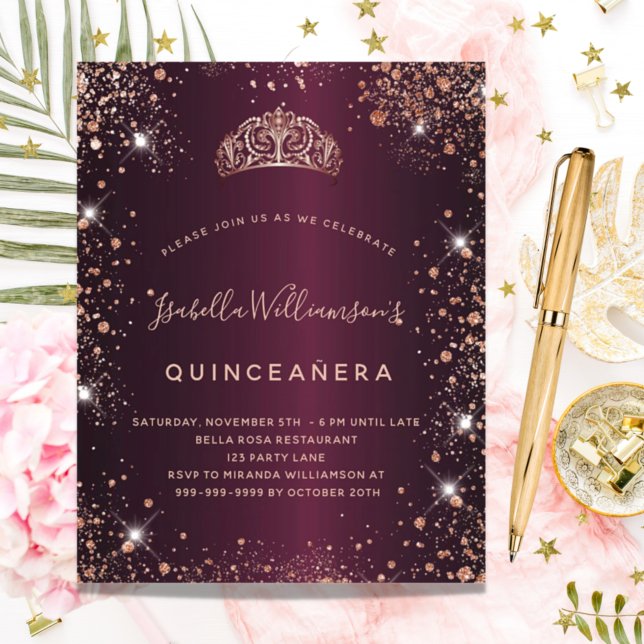 Quinceanera burgundy rose gold tiara invitation (Creator Uploaded)