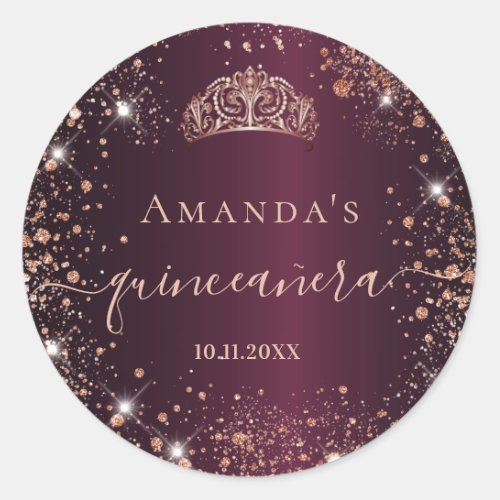 Quinceanera burgundy rose gold tiara name script classic round sticker