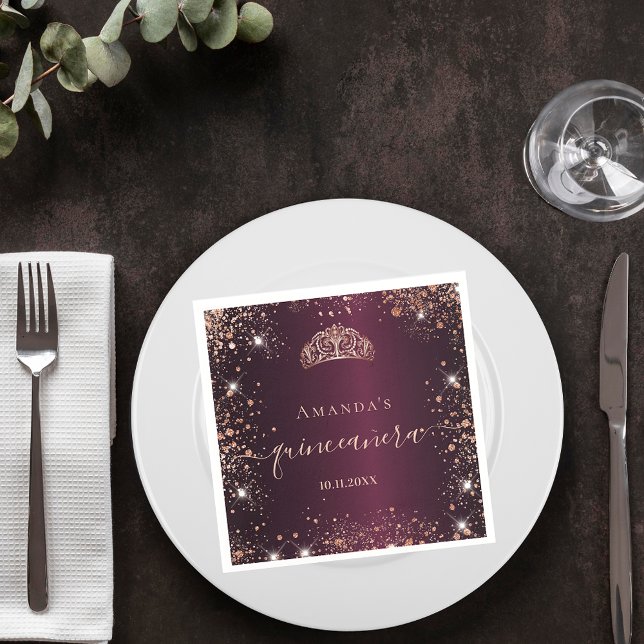 Quinceanera burgundy rose gold tiara name script napkins (Creator Uploaded)