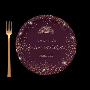 Quinceanera burgundy rose gold tiara name script paper plates