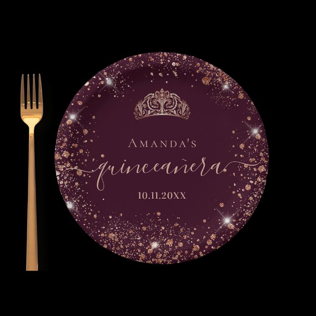 Quinceanera burgundy rose gold tiara name script paper plates (Creator Uploaded)