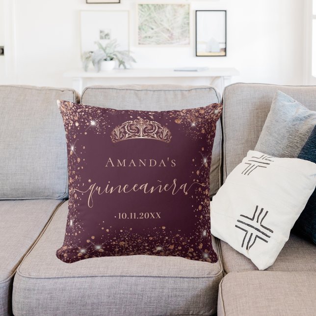 Quinceanera burgundy rose gold tiara name script throw pillow (Creator Uploaded)