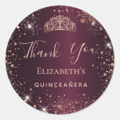 Quinceanera burgundy rose gold tiara thank you classic round sticker (Front)