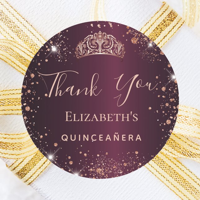 Quinceanera burgundy rose gold tiara thank you classic round sticker (Creator Uploaded)