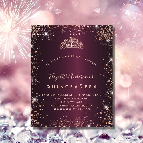 Quinceanera burgundy rose tiara budget invitation flyer