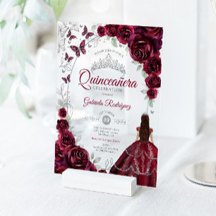 Quinceanera Burgundy Silver Floral Acrylic Invitations