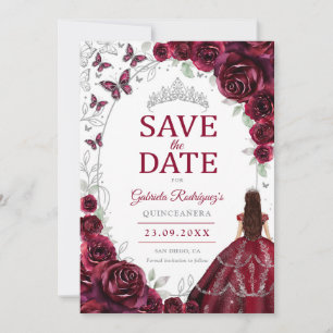 Quinceanera Burgundy Silver Floral Save The Date