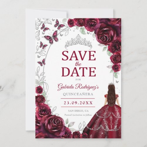 Quinceanera Burgundy Silver Floral Save The Date