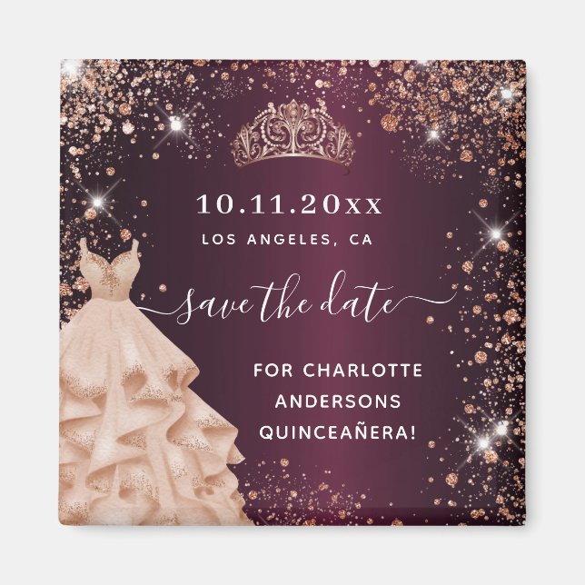 Quinceanera burgundy tiara dress save the date magnet (Front)