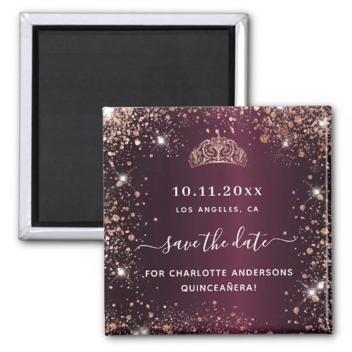 Quinceanera burgundy tiara rose gold save the date magnet