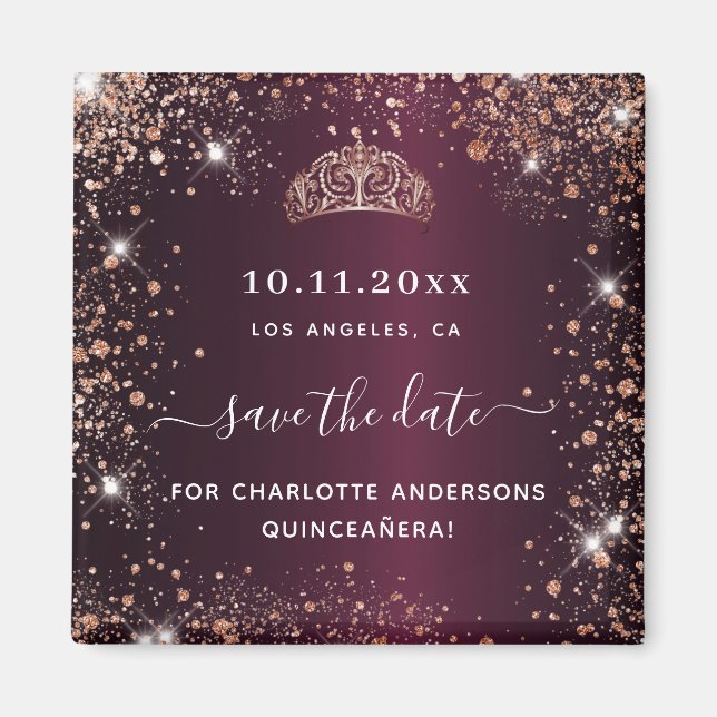 Quinceanera burgundy tiara rose gold save the date magnet (Front)