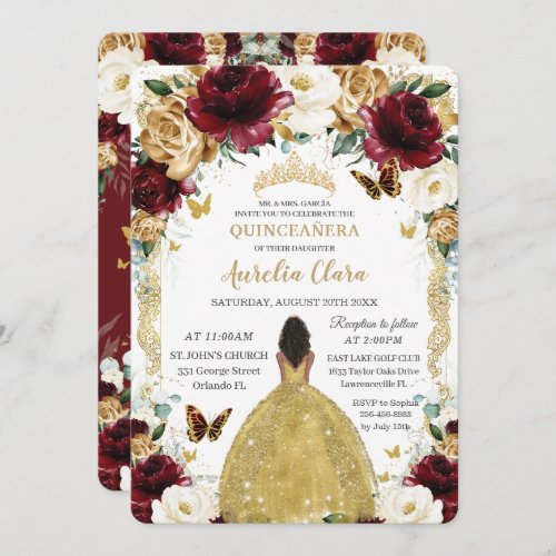 Quinceaera Burgundy White Gold Floral Brown Girl Invitation