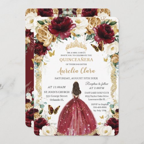 Quinceaera Burgundy White Gold Floral Girl Dress Invitation