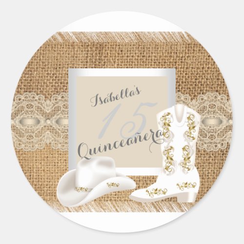 Quinceanera Burlap Lace Cowgirl Classic Round Sticker