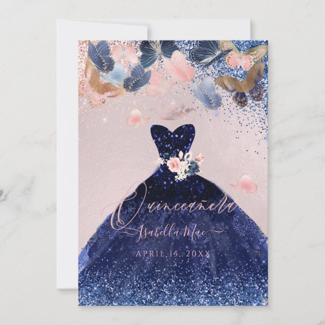 Quinceanera Butterflies Blush Navy Glitter Gown Invitation (Front)