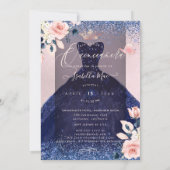 Quinceanera Butterflies Blush Navy Glitter Gown Invitation (Back)
