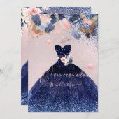 Quinceanera Butterflies Blush Navy Glitter Gown Invitation (Front/Back)