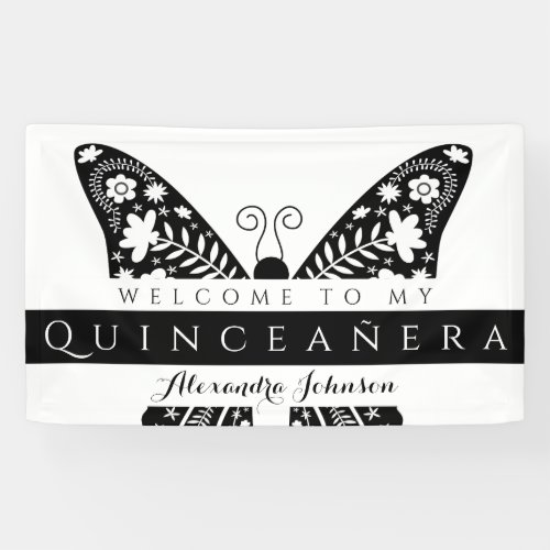 Quinceanera Butterfly Black  White 15th Birthday Banner