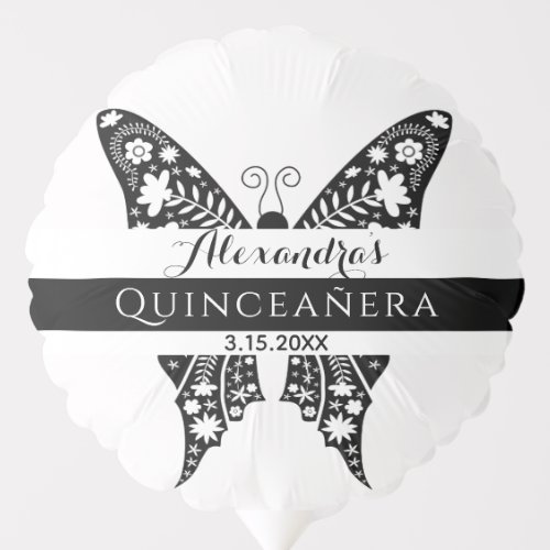 Quinceanera Butterfly Black  White Girl Birthday Balloon