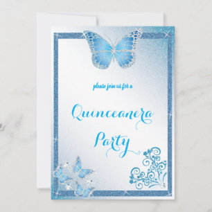 quinceanera butterfly blue glitter elegant diamond invitation
