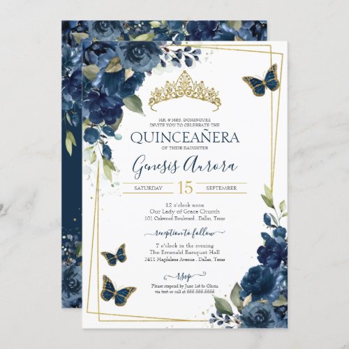 Quinceaera Butterfly Blue Watercolor Floral Invitation