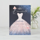 Quinceanera Butterfly Blush Glitter Gown Navy  Invitation (Standing Front)