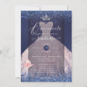 Quinceanera Butterfly Blush Glitter Gown Navy  Invitation (Back)