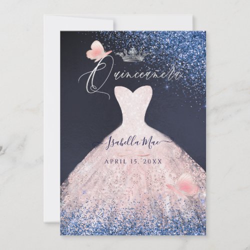 Quinceanera Butterfly Blush Glitter Gown Navy  Invitation