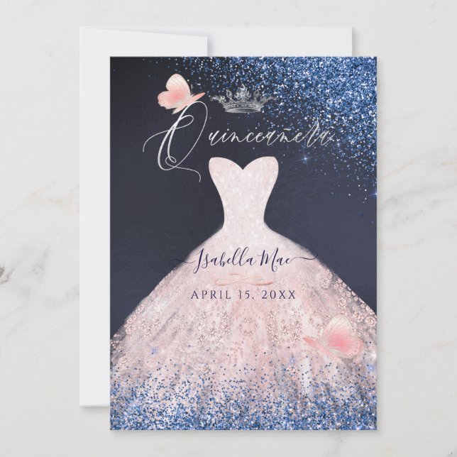 Quinceanera Butterfly Blush Glitter Gown Navy  Invitation (Front)