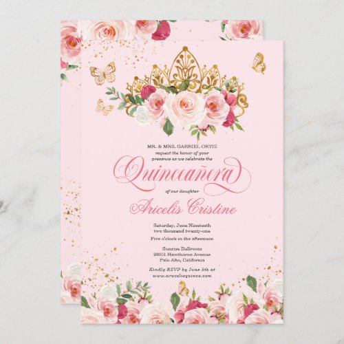 Quinceaera Butterfly  Blush Pink Watercolor Rose Invitation