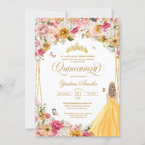 Quinceanera Butterfly Blush Pink Yellow Floral In Invitation