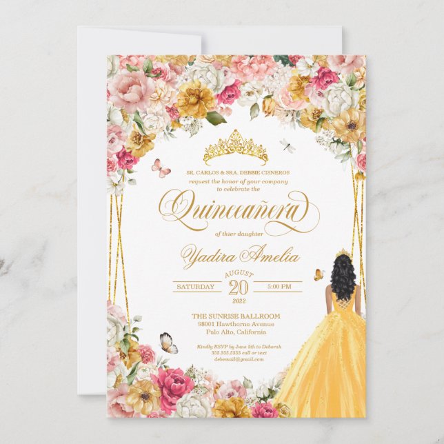  Quinceanera Butterfly Blush Pink Yellow Floral In Invitation (Front)
