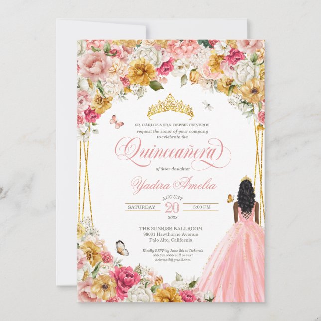  Quinceanera Butterfly Blush Pink & Yellow Floral  Invitation (Front)