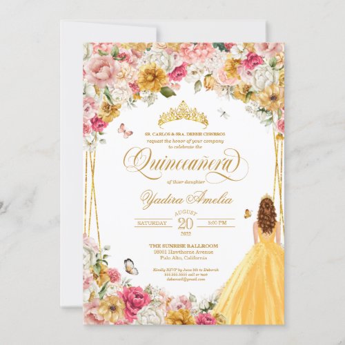  Quinceanera Butterfly Blush Pink Yellow Florals Invitation