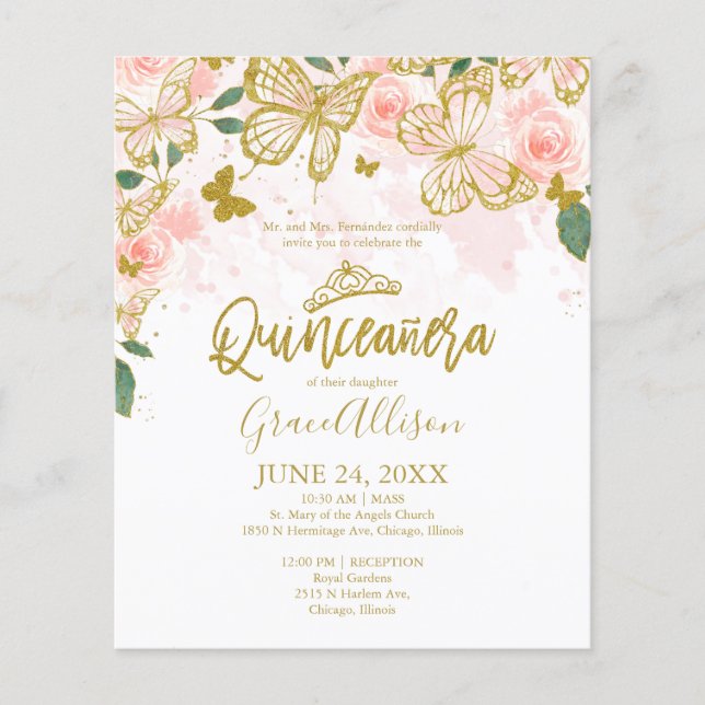 Quinceanera Butterfly Budget Invitation Bilingual  (Front)