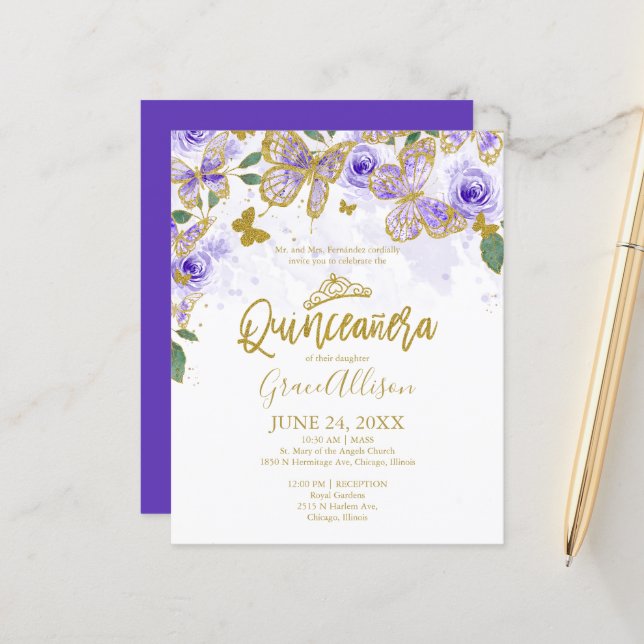 Quinceanera Butterfly Budget Invitation English (Front/Back In Situ)