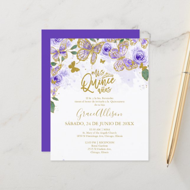 Quinceanera Butterfly Budget Invitation Spanish (Front/Back In Situ)