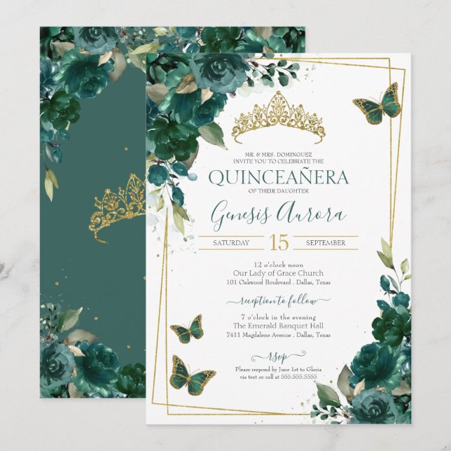 Quinceañera Butterfly Emerald Green Elegant Invitation (Front/Back)